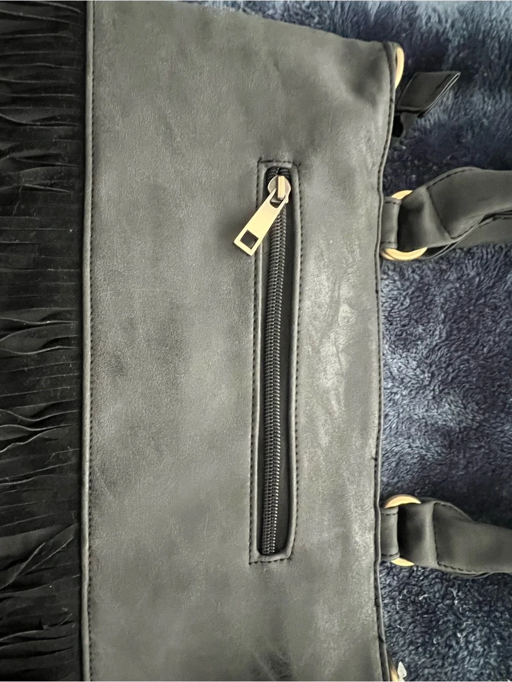 Heritage West Fringed Shoulder Tote in Black/Charcoal with Gold Accents